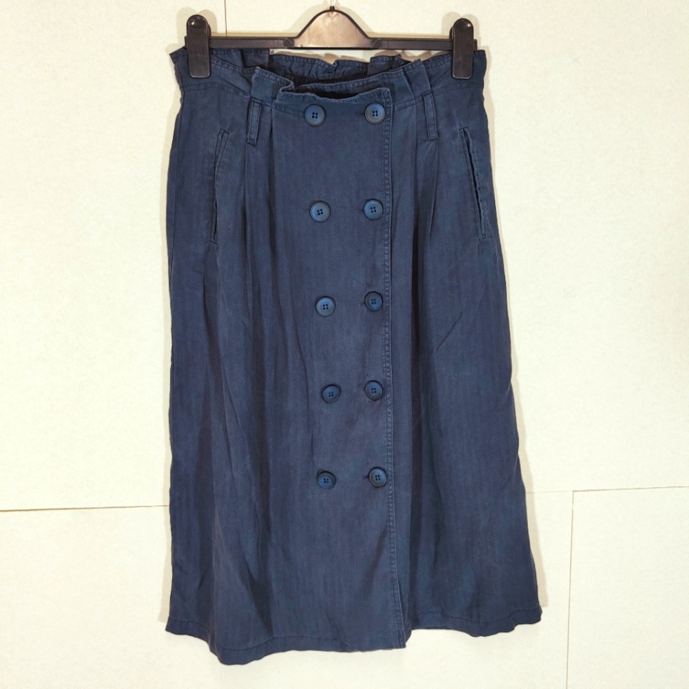 Seen Worn Kept Blue Skirt Size UK 10 Midi Paper Bag Waist Button up Pleated - Picture 1 of 8